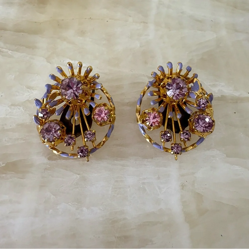 Vintage lavender pink gold tone clip on large rhinestone earrings 60s Austria